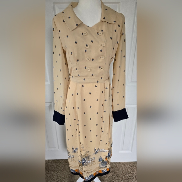 Simple Retro Elegant Beige Pleated Dress Sz. Medium - Picture 2 of 15